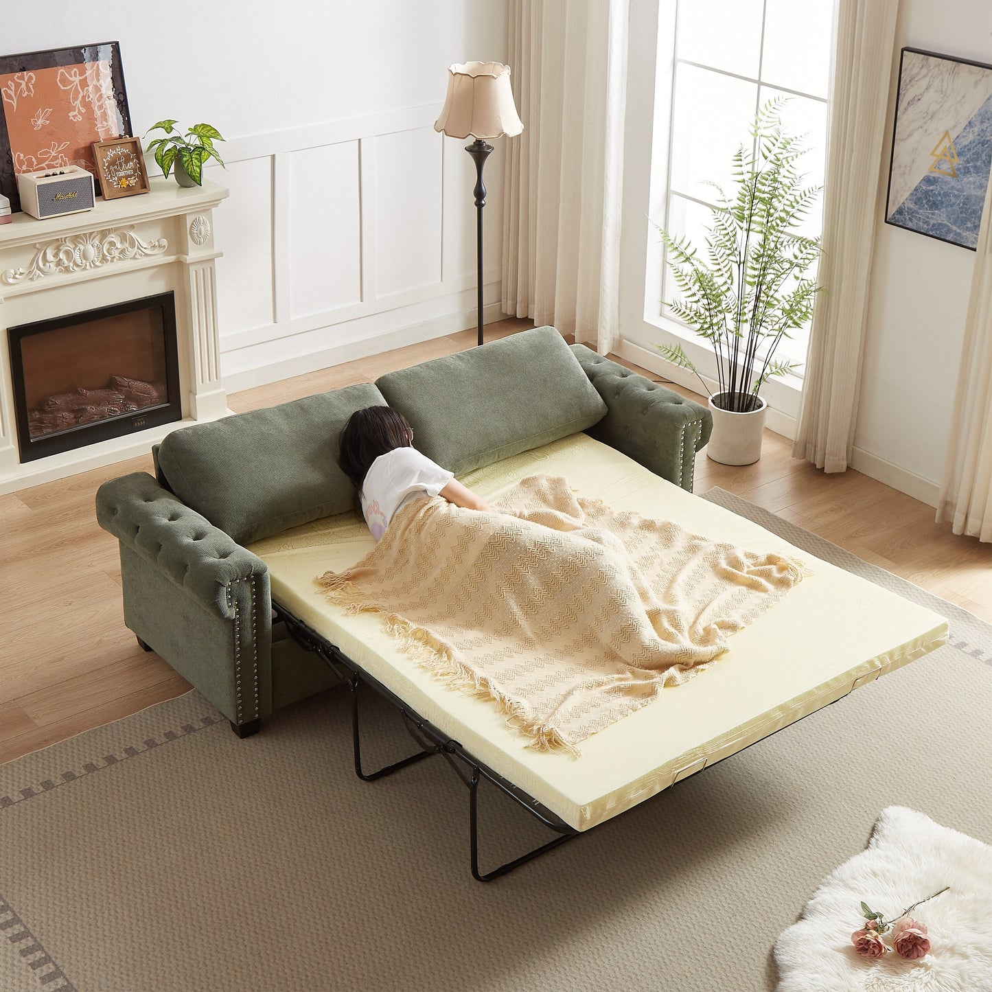 Canapé-lit convertible 3 places 2 en 1 en polyester vert 83,8 cm avec matelas pliable pour salon