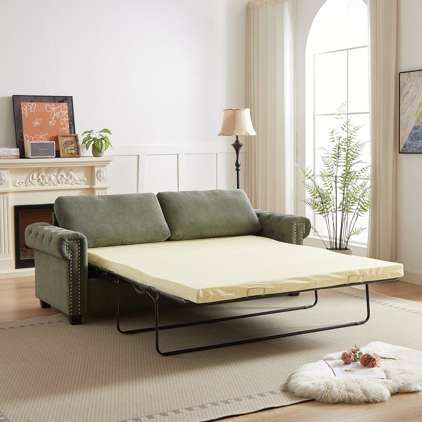 Canapé-lit convertible 3 places 2 en 1 en polyester vert 83,8 cm avec matelas pliable pour salon
