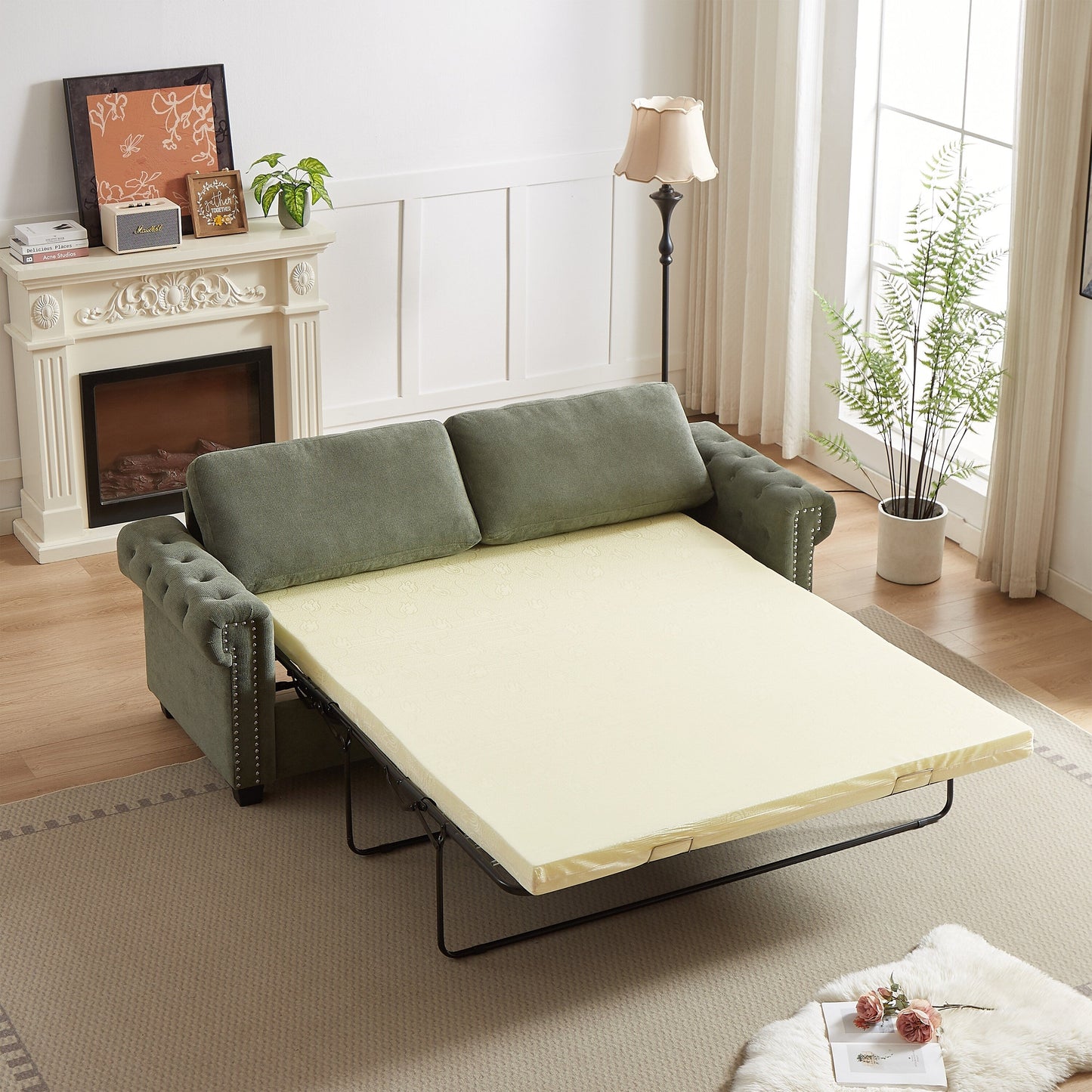 Canapé-lit convertible 3 places 2 en 1 en polyester vert 83,8 cm avec matelas pliable pour salon