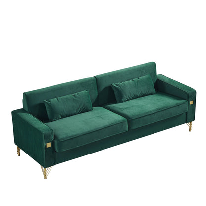 Canapé 3 places en velours vert moderne de 85,44 pouces avec 2 coussins, pieds en métal doré, mousse haute densité, élégance intemporelle