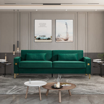 Canapé 3 places en velours vert moderne de 85,44 pouces avec 2 coussins, pieds en métal doré, mousse haute densité, élégance intemporelle