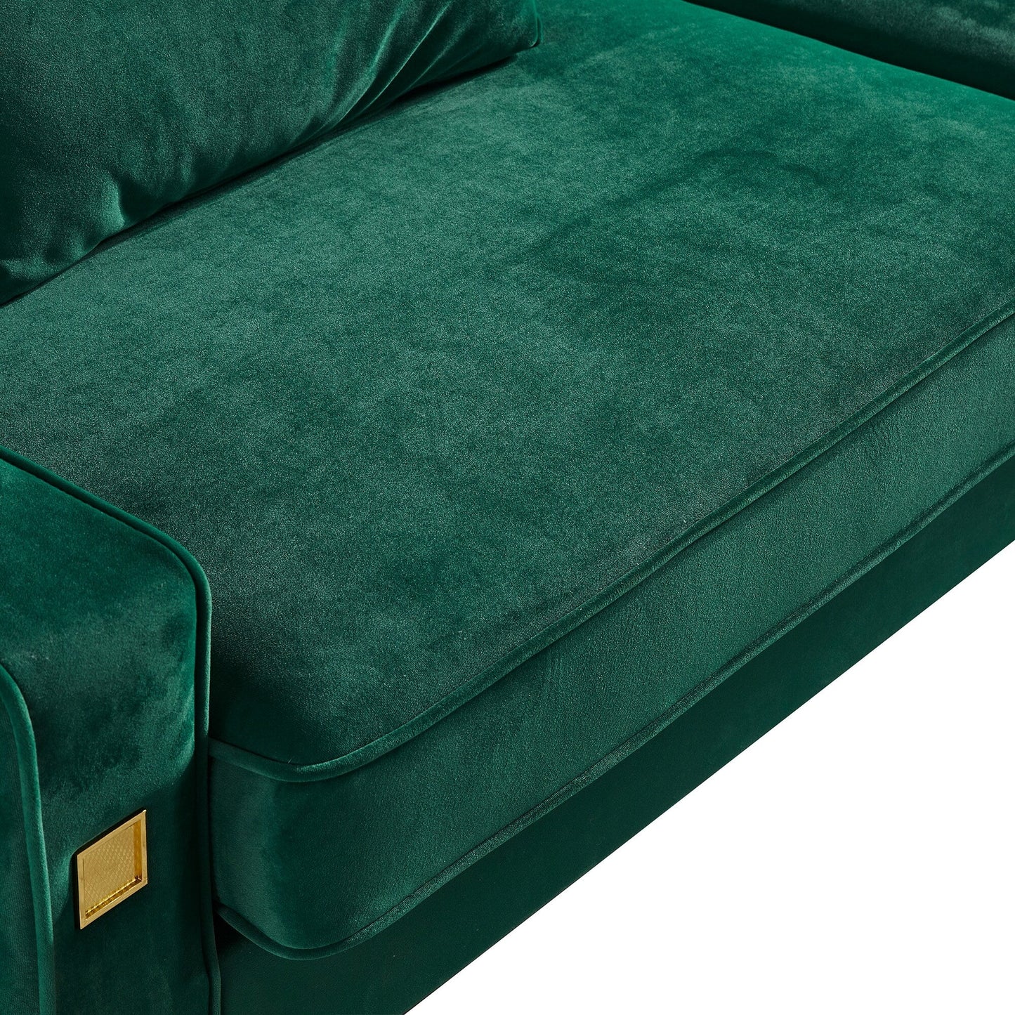 Canapé 3 places en velours vert moderne de 85,44 pouces avec 2 coussins, pieds en métal doré, mousse haute densité, élégance intemporelle