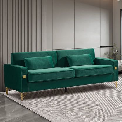 Canapé 3 places en velours vert moderne de 85,44 pouces avec 2 coussins, pieds en métal doré, mousse haute densité, élégance intemporelle