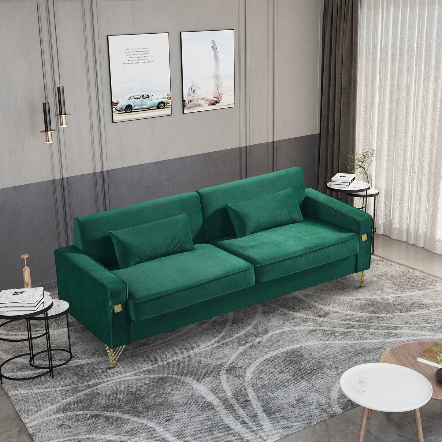 Canapé 3 places en velours vert 85,44 po avec 2 coussins, pieds en métal doré, mousse haute densité