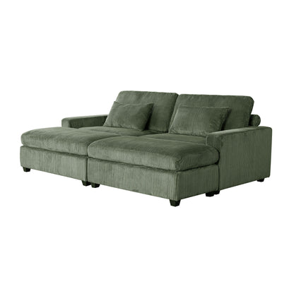 Canapé 2 places vert en polyester 90 avec coussins amovibles, 2 oreillers et poufs amovibles