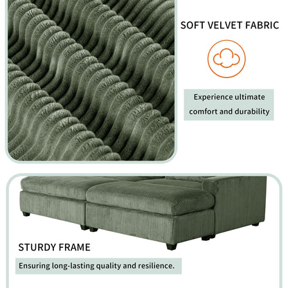 Canapé-lit 2 places en velours côtelé vert de 90 pouces avec coussins amovibles, 2 oreillers et poufs amovibles