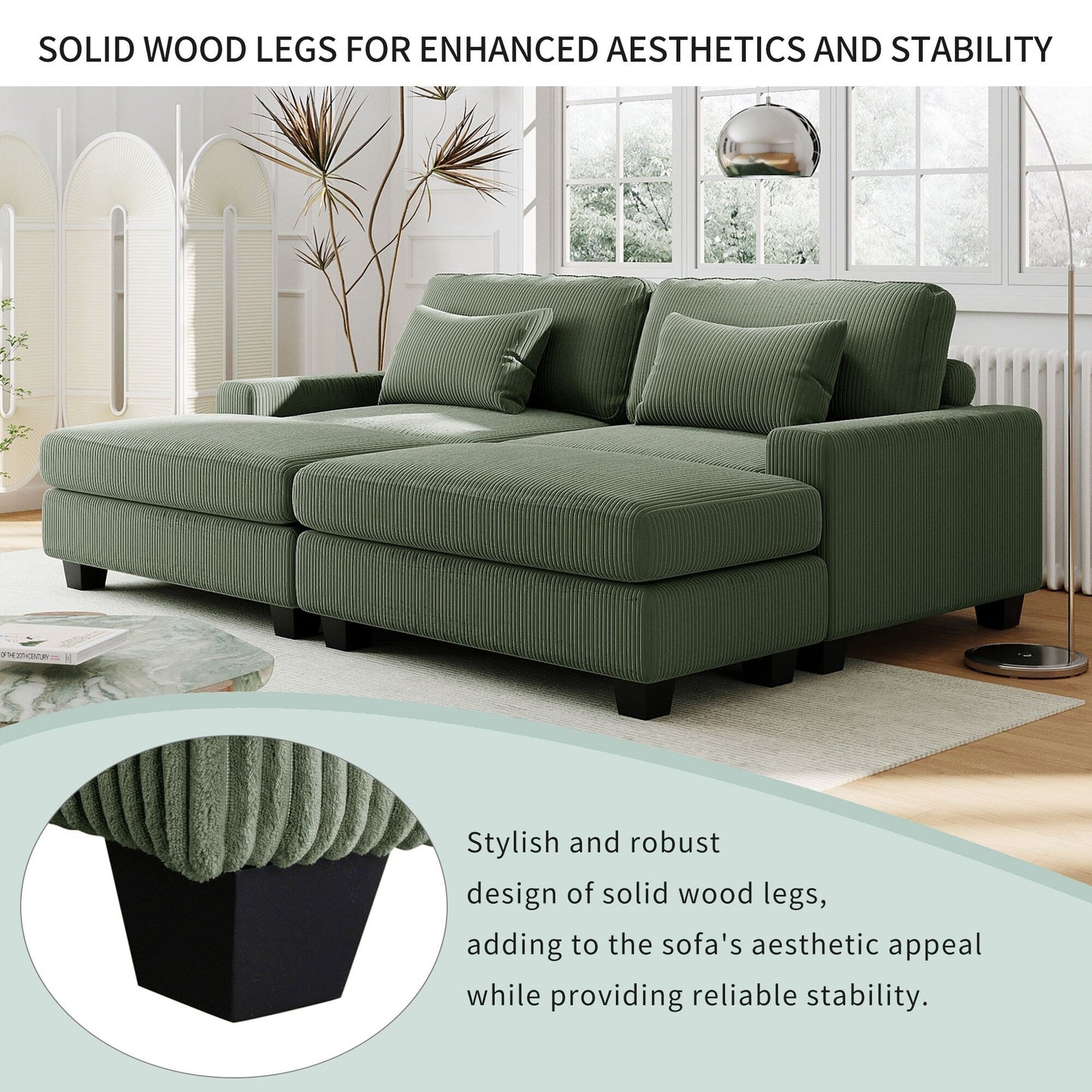 Canapé 2 places vert en polyester de 90 pouces avec coussins de dossier amovibles, 2 oreillers et poufs amovibles pour le salon