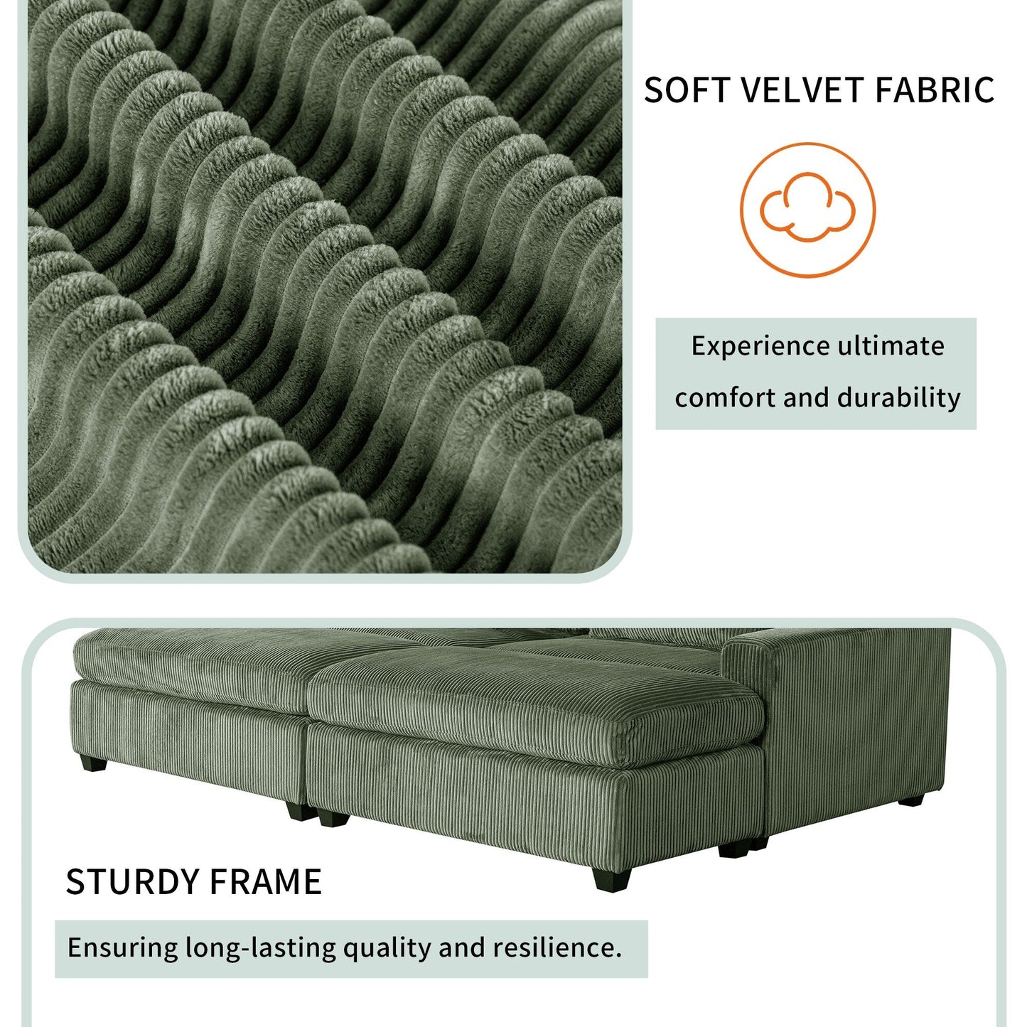 Canapé 2 places vert en polyester de 90 pouces avec coussins de dossier amovibles, 2 oreillers et poufs amovibles pour le salon