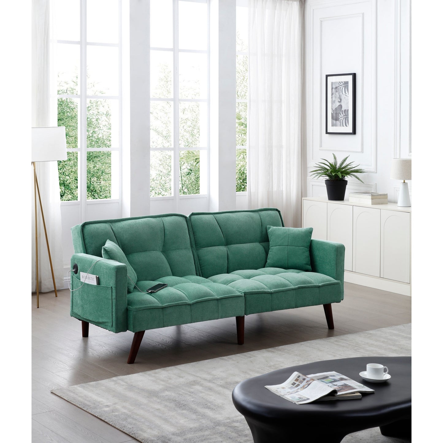 Canapé-lit causeuse en chenille verte avec port de chargement USB