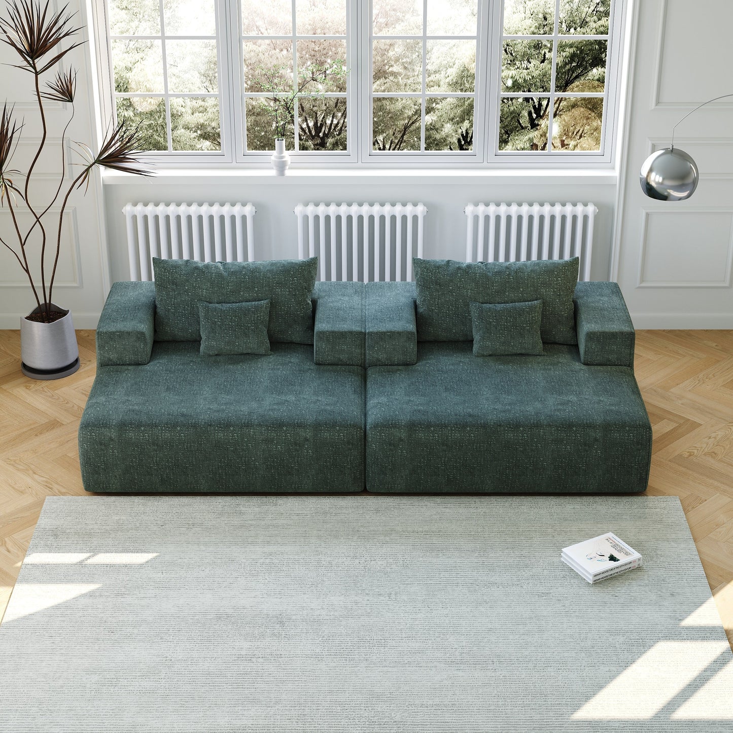 Canapé-lit simple en chenille verte avec coussin de dossier