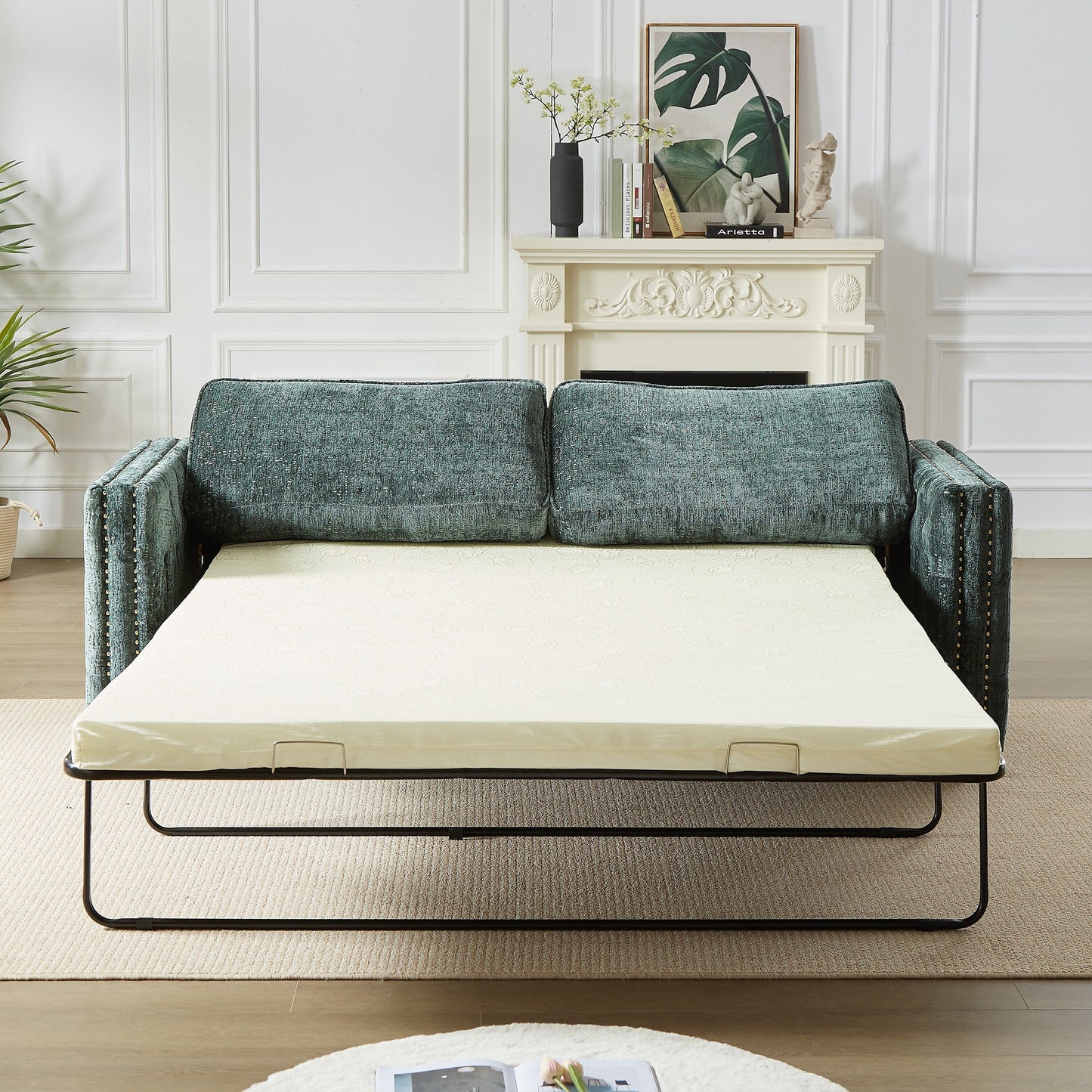 Canapé-lit en chenille verte avec matelas en mousse à mémoire de forme