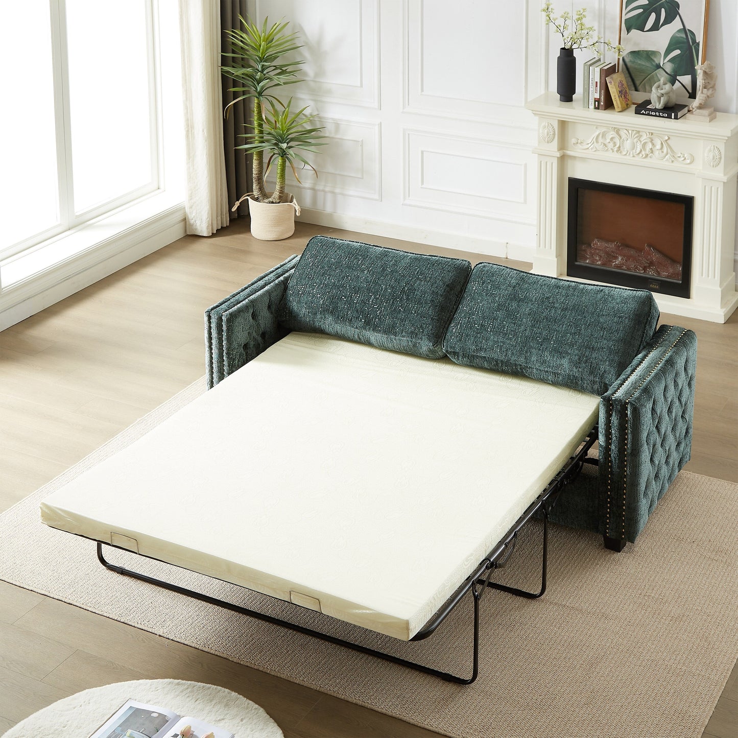 Canapé-lit en chenille verte avec matelas en mousse à mémoire de forme