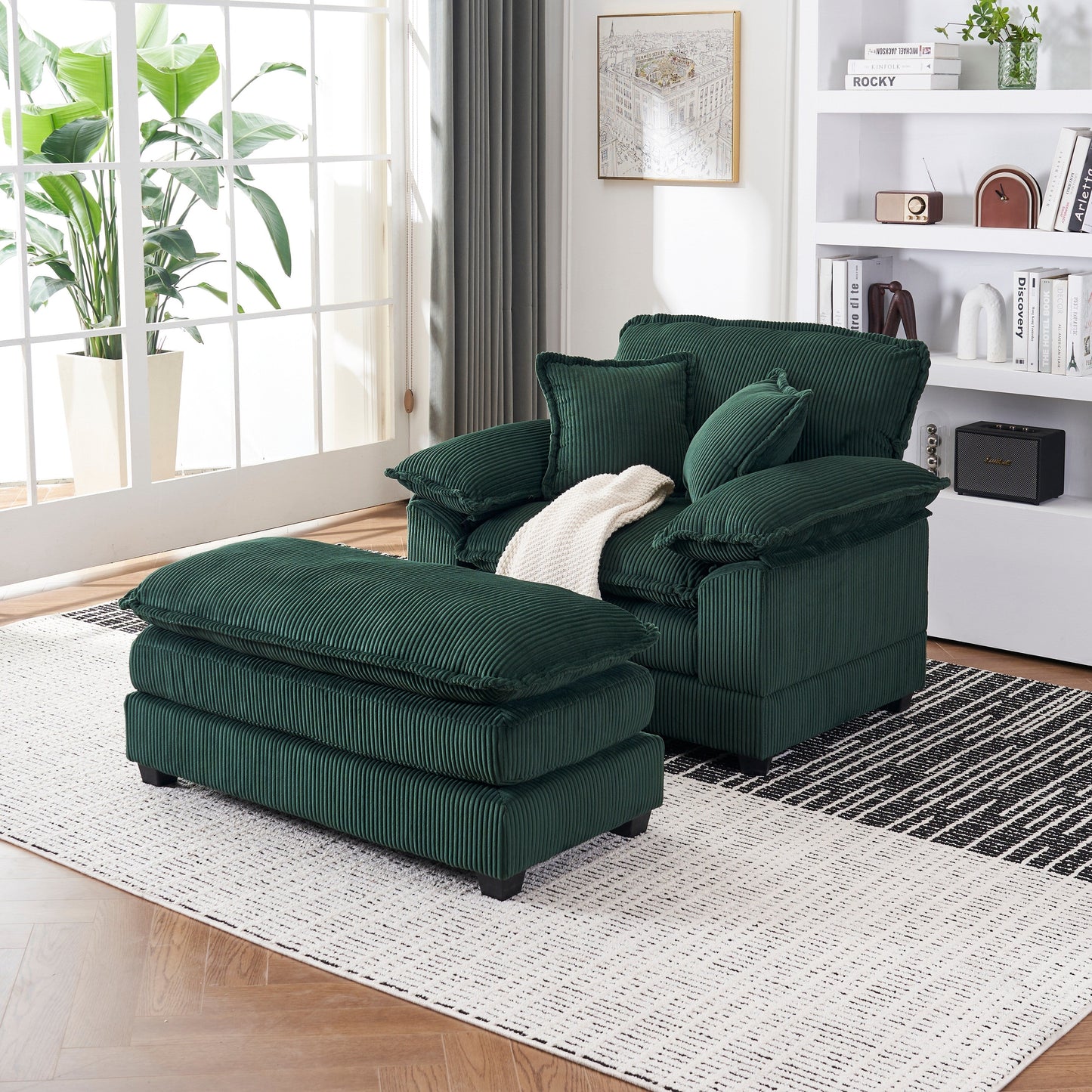 Canapé simple profond en velours côtelé vert avec pouf