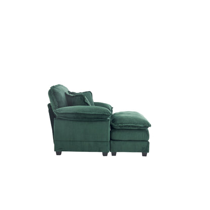 Canapé simple profond en velours côtelé vert avec pouf