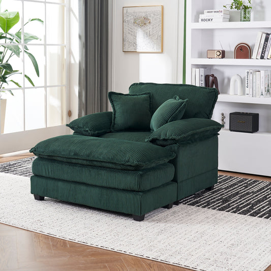 Canapé simple profond en velours côtelé vert avec pouf