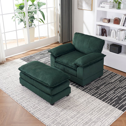 Canapé simple profond en velours côtelé vert avec pouf