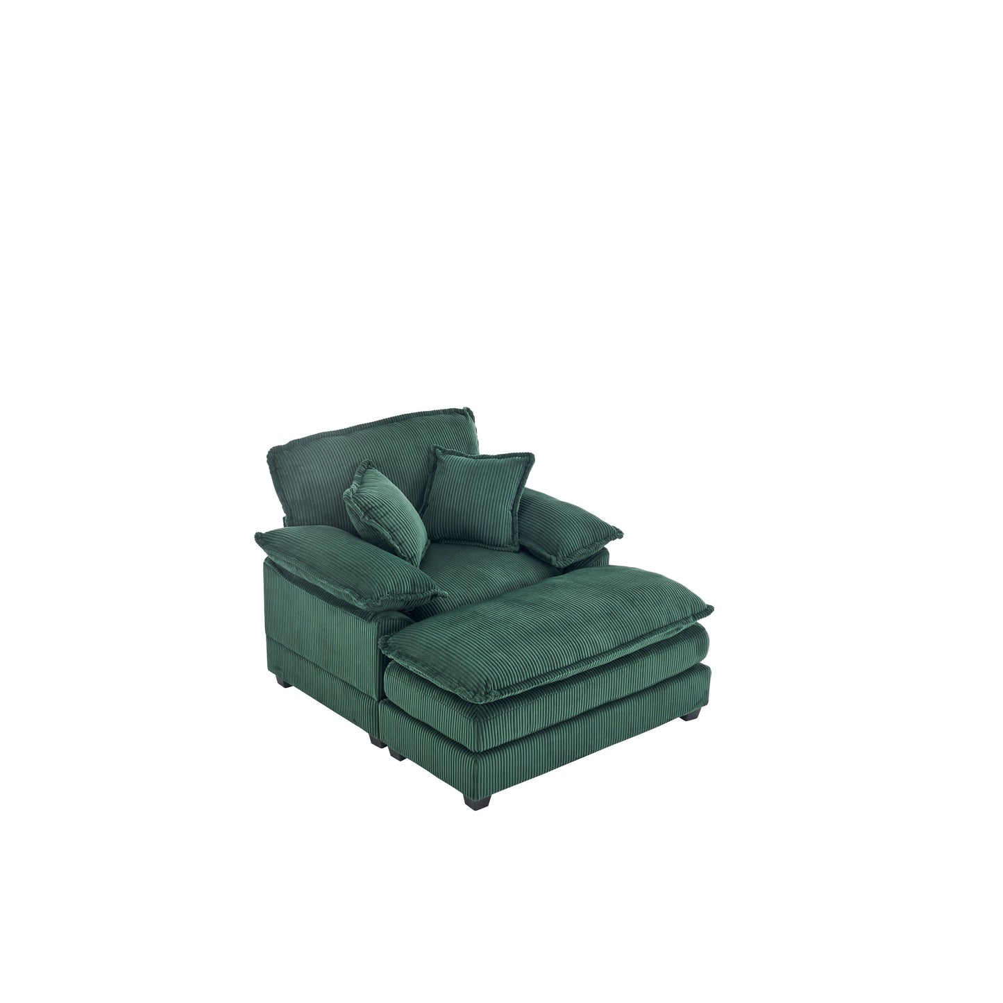 Canapé simple profond en velours côtelé vert avec pouf