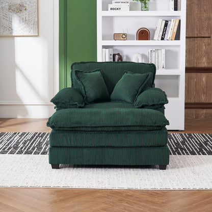 Canapé simple profond en velours côtelé vert avec pouf
