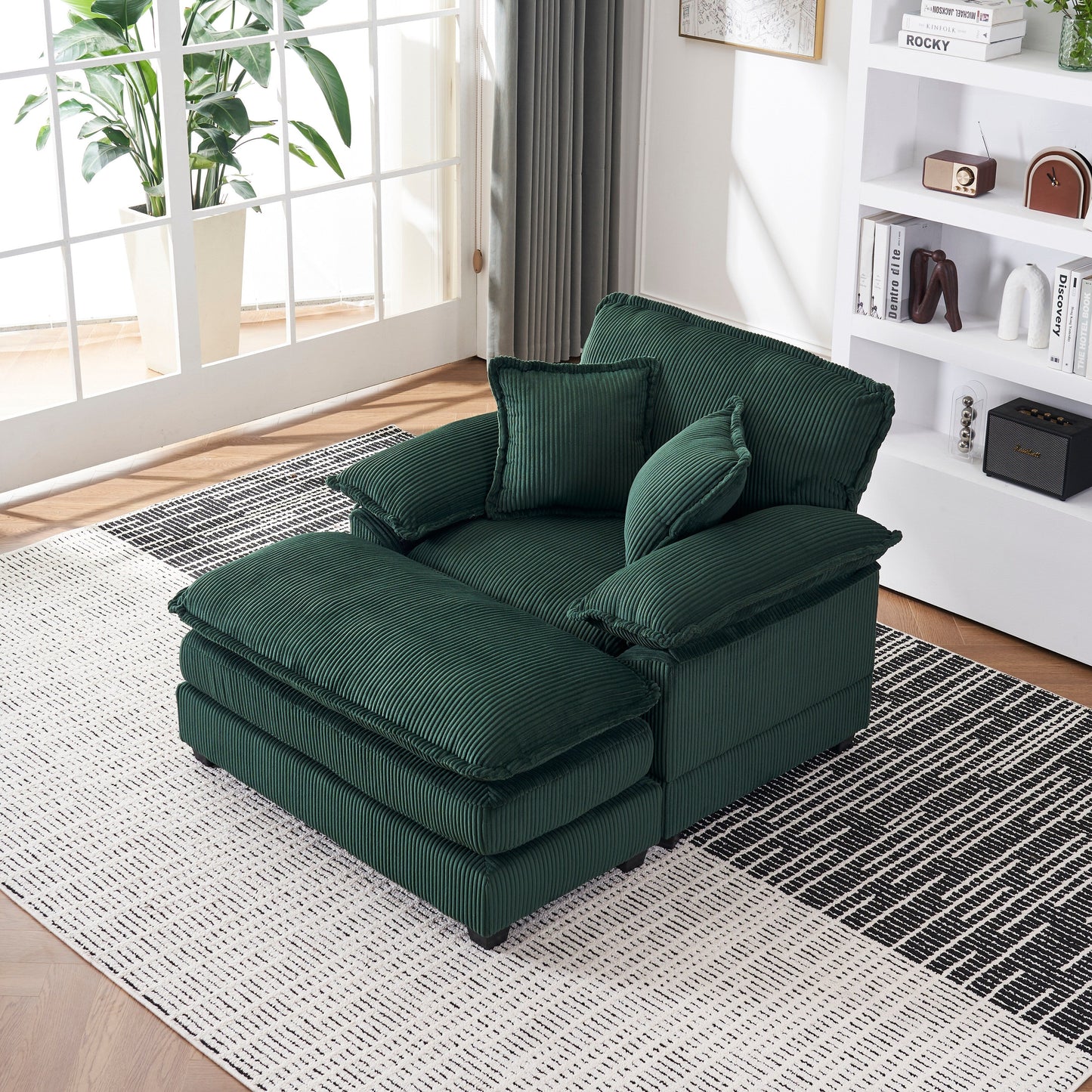 Canapé simple profond en velours côtelé vert avec pouf