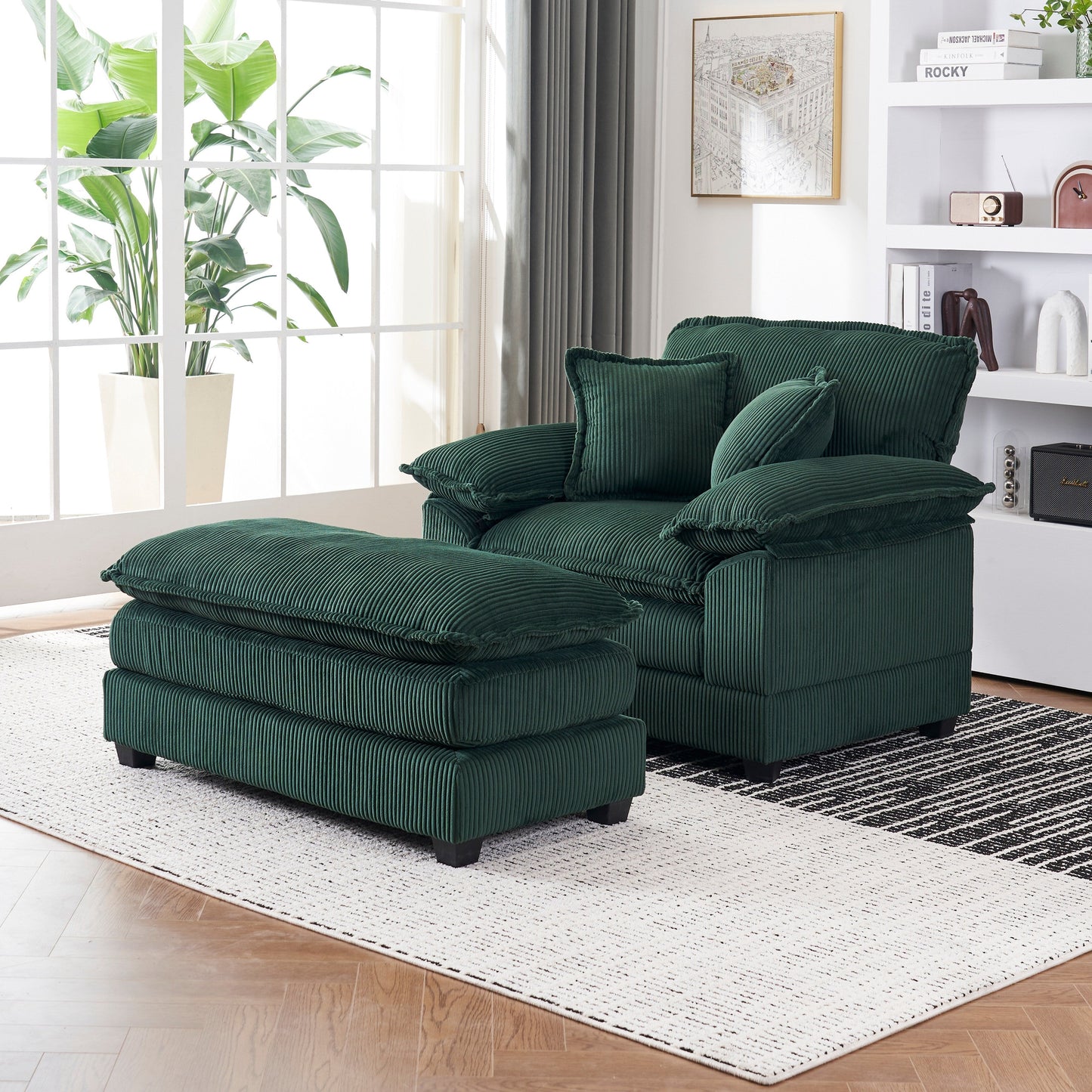 Canapé simple profond en velours côtelé vert avec pouf
