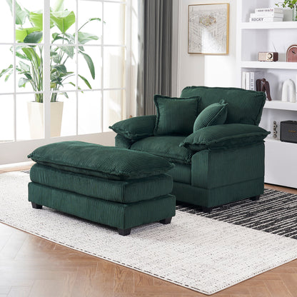 Canapé simple profond en velours côtelé vert avec pouf
