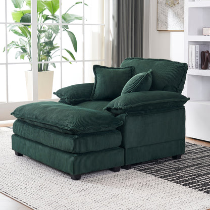 Canapé simple profond en velours côtelé vert avec pouf