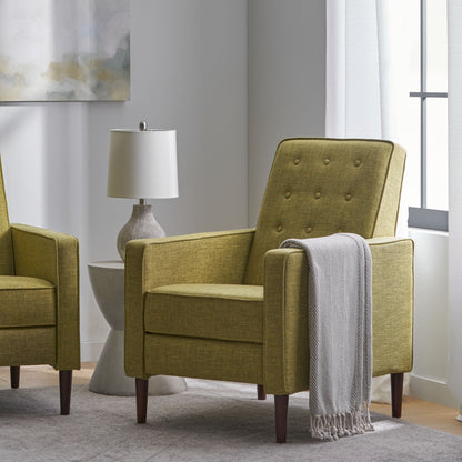Fauteuil inclinable rembourré en tissu vert style milieu du siècle avec repose-pieds, dossier capitonné et pieds en hêtre