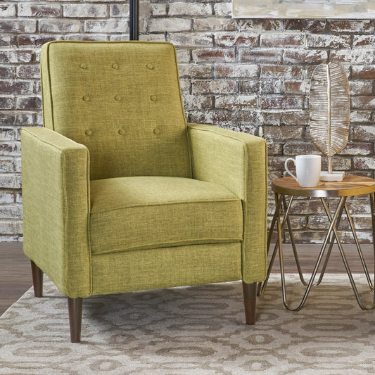 Fauteuil inclinable rembourré en tissu vert style milieu du siècle avec repose-pieds, dossier capitonné et pieds en hêtre