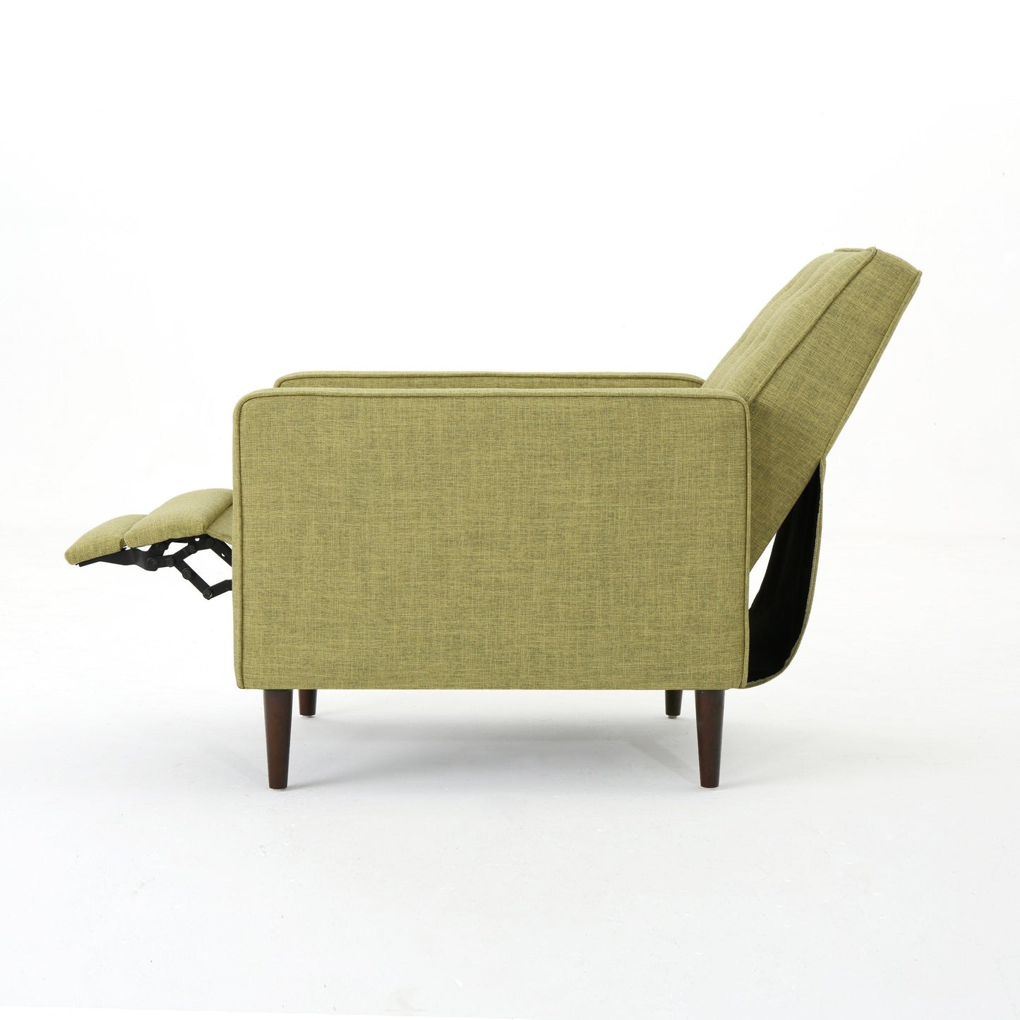 Fauteuil inclinable rembourré en tissu vert style milieu du siècle avec repose-pieds, dossier capitonné et pieds en hêtre