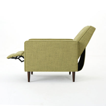 Fauteuil inclinable rembourré en tissu vert style milieu du siècle avec repose-pieds, dossier capitonné et pieds en hêtre
