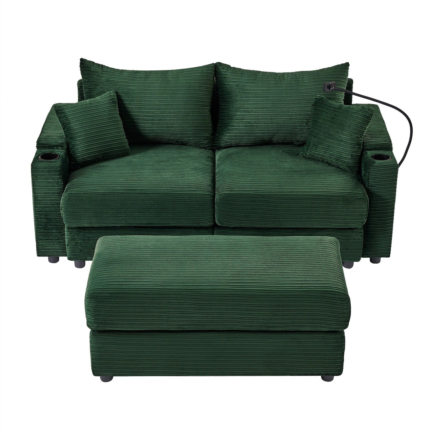 Canapé causeuse en velours côtelé vert moderne 72,8 avec pouf amovible, accoudoirs de rangement, support pour téléphone et deux ports USB