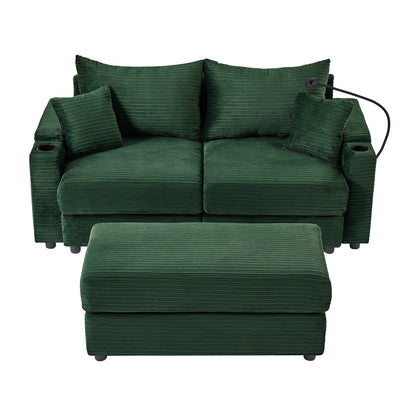 Canapé causeuse en velours côtelé vert moderne 72,8 avec pouf amovible, accoudoirs de rangement, support pour téléphone et deux ports USB