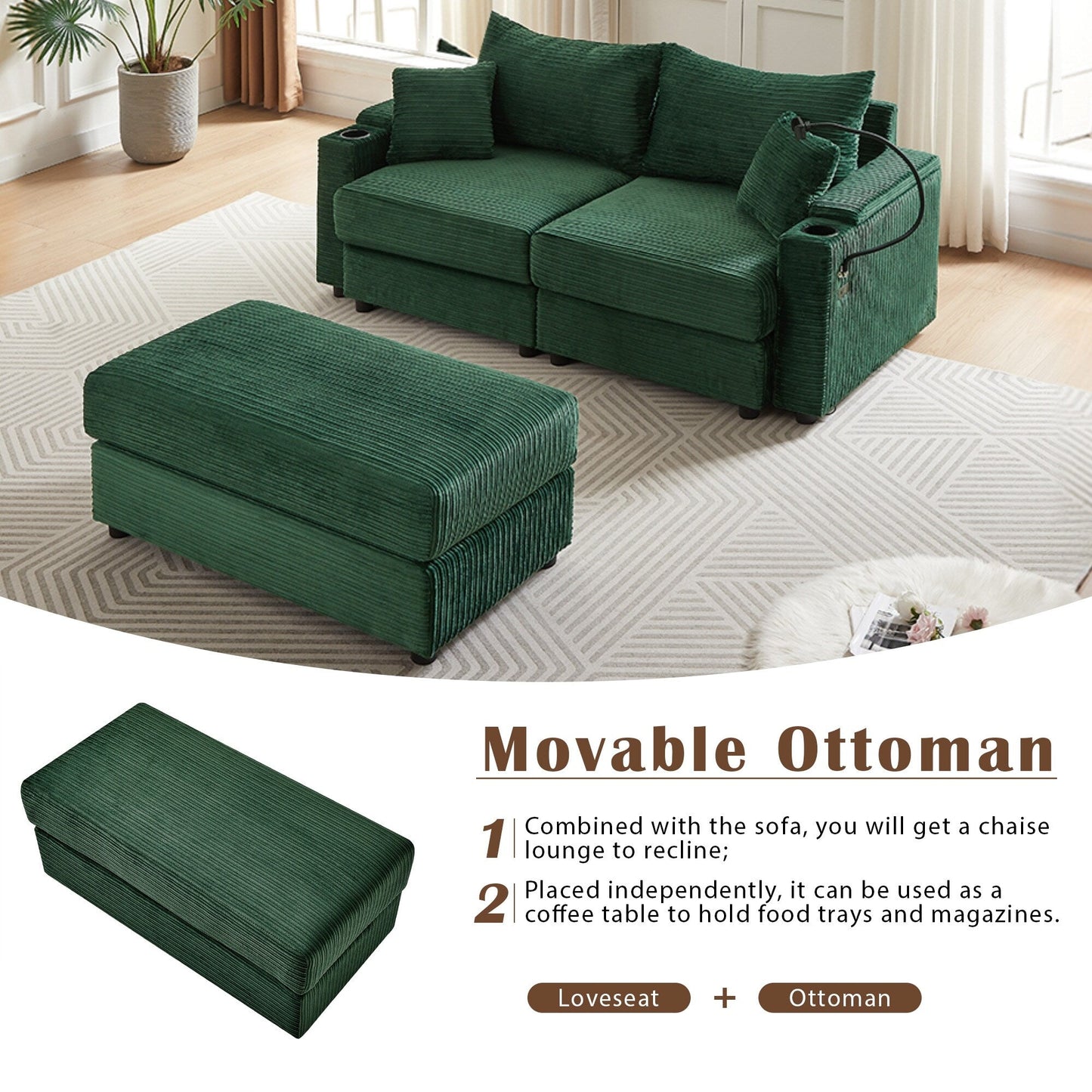 Canapé causeuse en velours côtelé vert moderne 72,8 avec pouf amovible, accoudoirs de rangement, support pour téléphone et deux ports USB