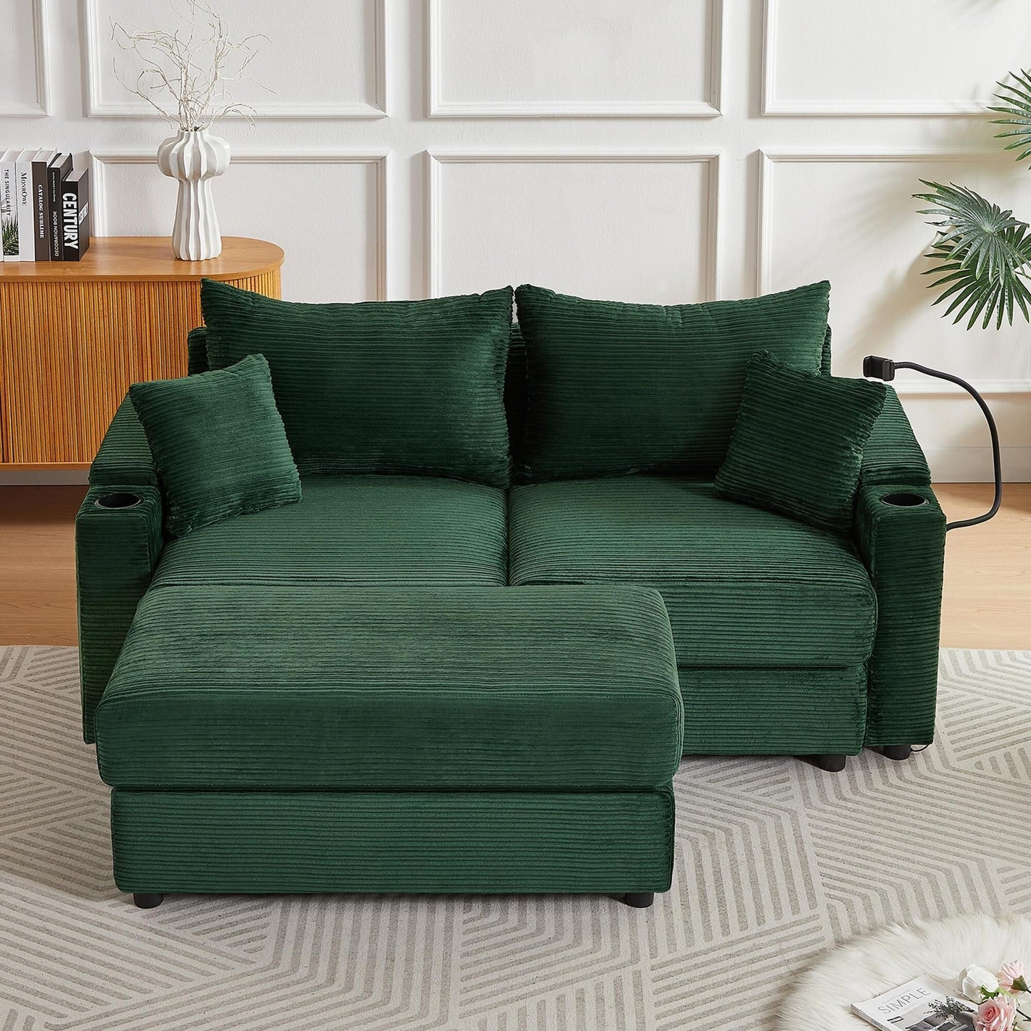 Canapé causeuse en velours côtelé vert moderne 72,8 avec pouf amovible, accoudoirs de rangement, support pour téléphone et deux ports USB
