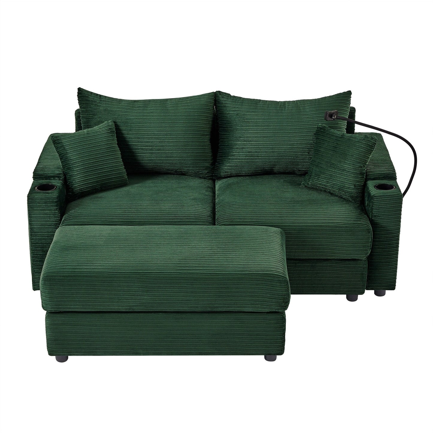 Canapé causeuse en velours côtelé vert moderne 72,8 avec pouf amovible, accoudoirs de rangement, support pour téléphone et deux ports USB