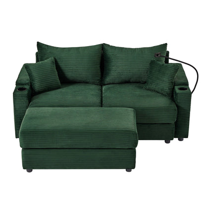 Canapé causeuse en velours côtelé vert moderne 72,8 avec pouf amovible, accoudoirs de rangement, support pour téléphone et deux ports USB