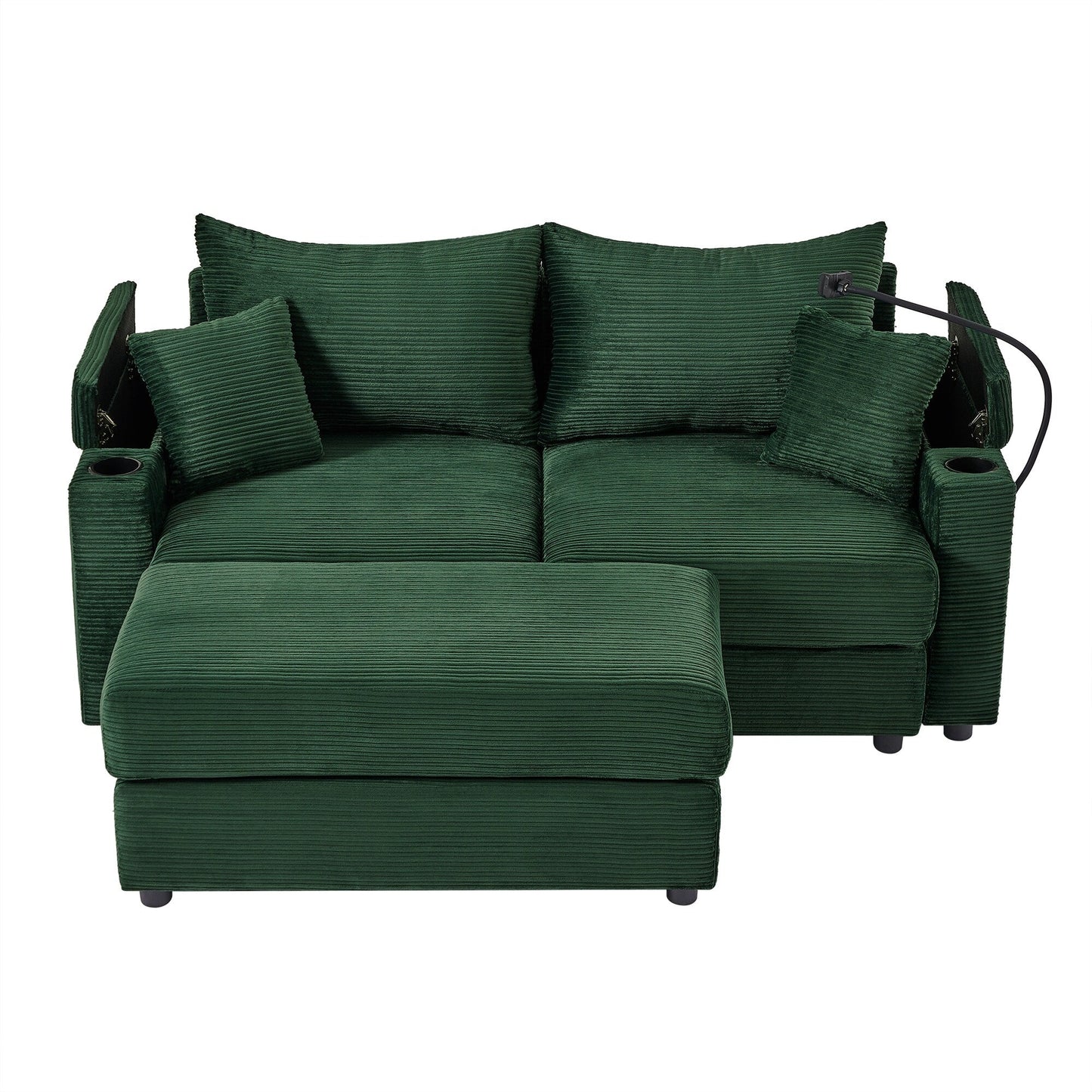 Canapé causeuse en velours côtelé vert moderne 72,8 avec pouf amovible, accoudoirs de rangement, support pour téléphone et deux ports USB