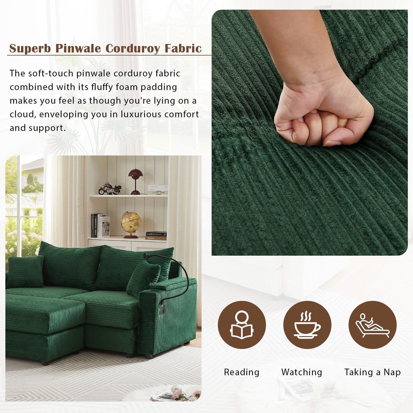 Canapé causeuse en velours côtelé vert moderne 72,8 avec pouf amovible, accoudoirs de rangement, support pour téléphone et deux ports USB