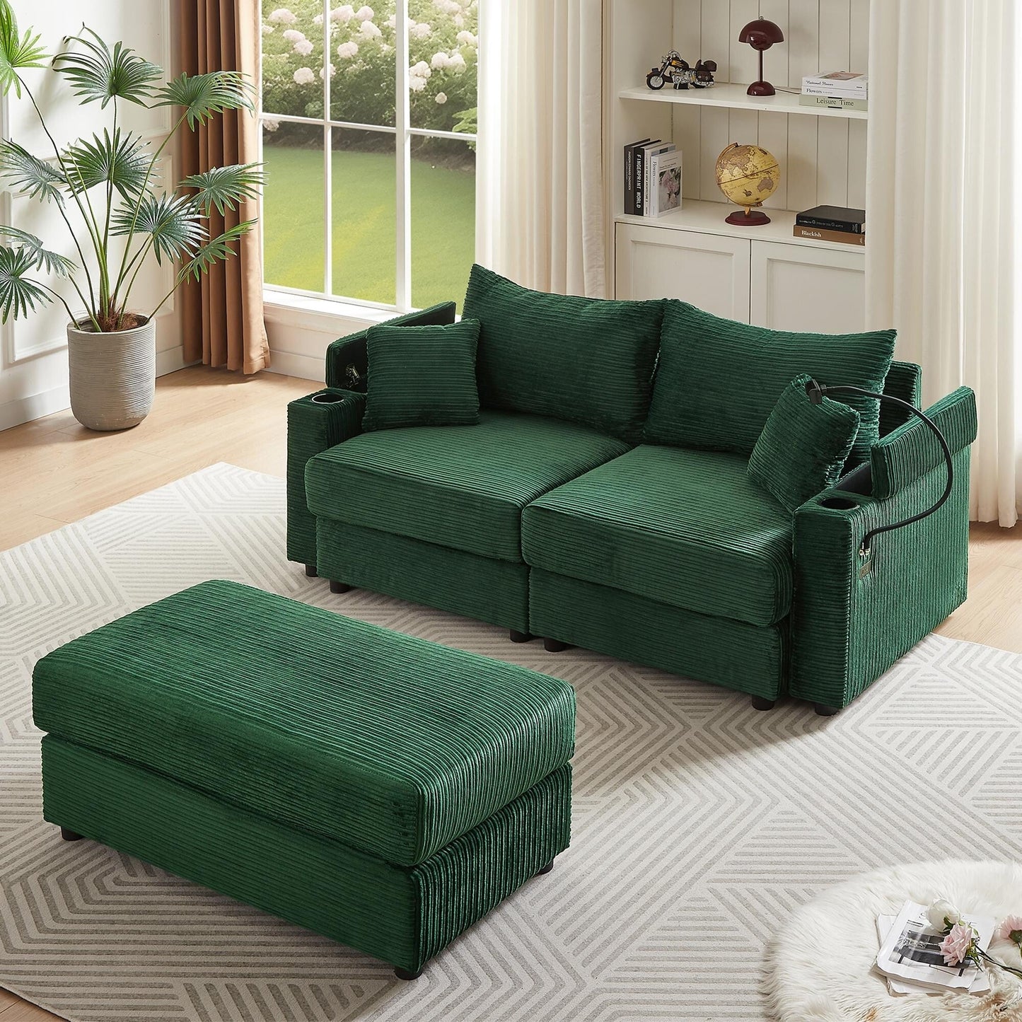 Canapé causeuse en velours côtelé vert moderne 72,8 avec pouf amovible, accoudoirs de rangement, support pour téléphone et deux ports USB