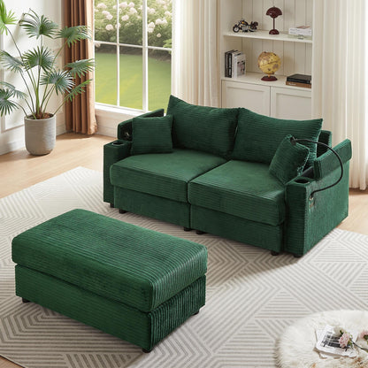 Canapé causeuse en velours côtelé vert moderne 72,8 avec pouf amovible, accoudoirs de rangement, support pour téléphone et deux ports USB