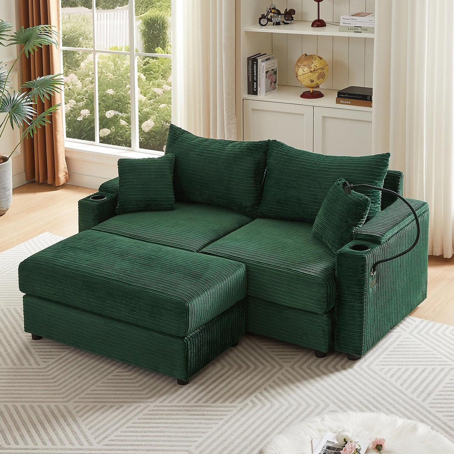 Canapé causeuse en velours côtelé vert moderne 72,8 avec pouf amovible, accoudoirs de rangement, support pour téléphone et deux ports USB