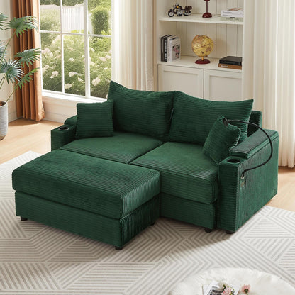 Canapé causeuse en velours côtelé vert moderne 72,8 avec pouf amovible, accoudoirs de rangement, support pour téléphone et deux ports USB