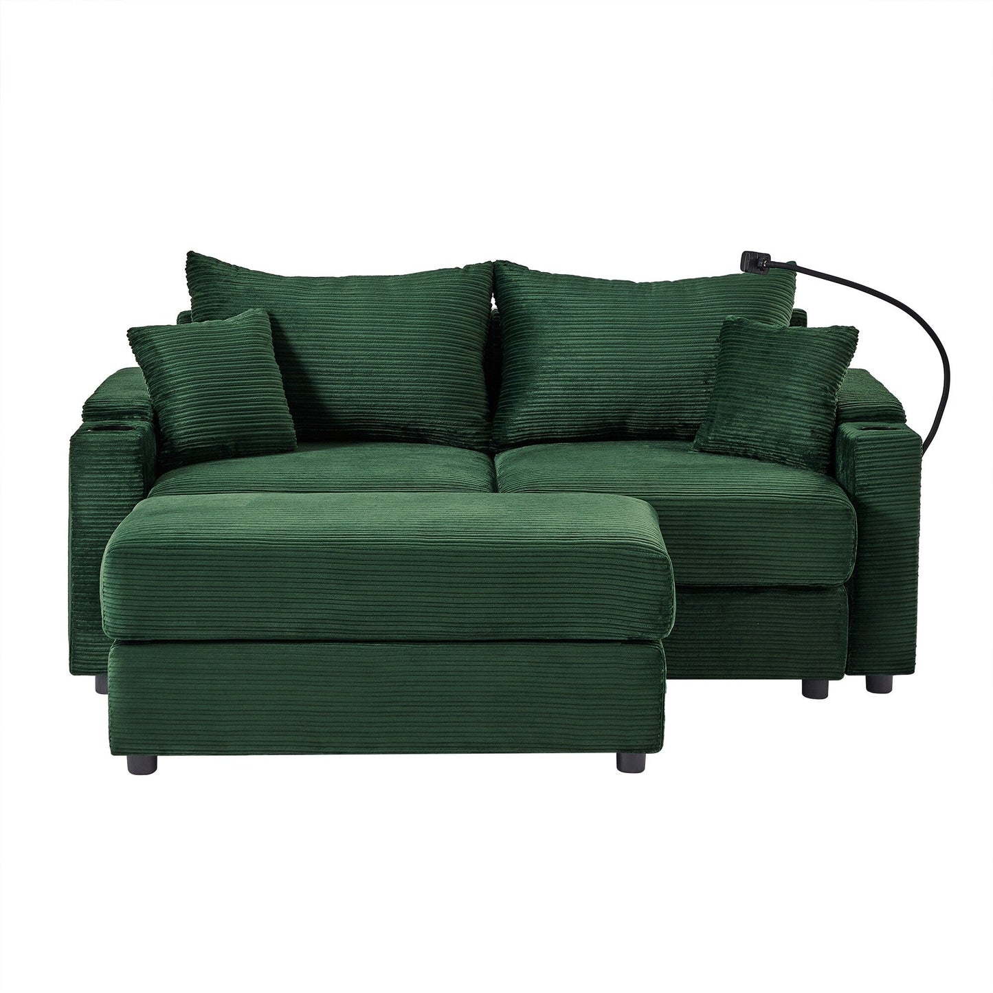 Canapé causeuse en velours côtelé vert moderne 72,8 avec pouf amovible, accoudoirs de rangement, support pour téléphone et deux ports USB