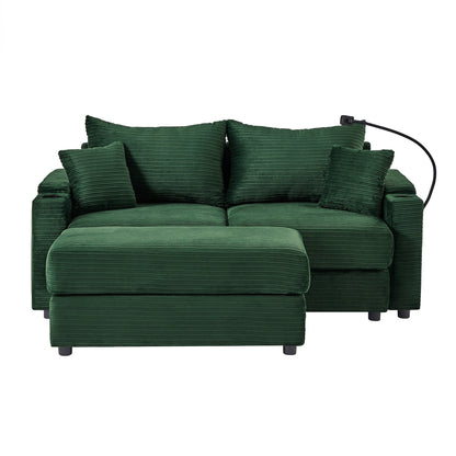 Canapé causeuse en velours côtelé vert moderne 72,8 avec pouf amovible, accoudoirs de rangement, support pour téléphone et deux ports USB