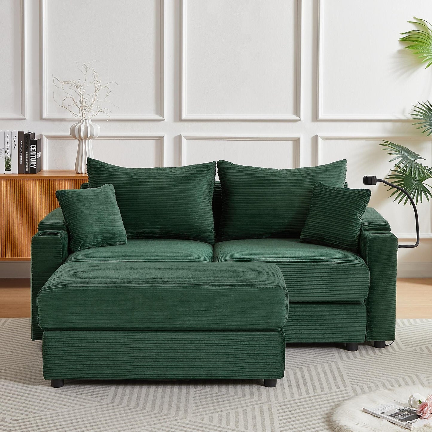 Canapé causeuse en velours côtelé vert moderne 72,8 avec pouf amovible, accoudoirs de rangement, support pour téléphone et deux ports USB