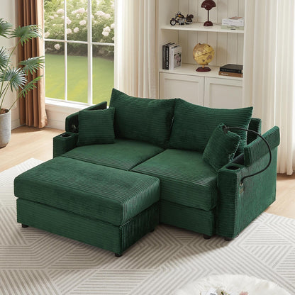 Canapé causeuse en velours côtelé vert moderne 72,8 avec pouf amovible, accoudoirs de rangement, support pour téléphone et deux ports USB