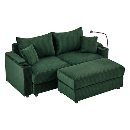 Canapé causeuse en velours côtelé vert moderne 72,8 avec pouf amovible, accoudoirs de rangement, support pour téléphone et deux ports USB