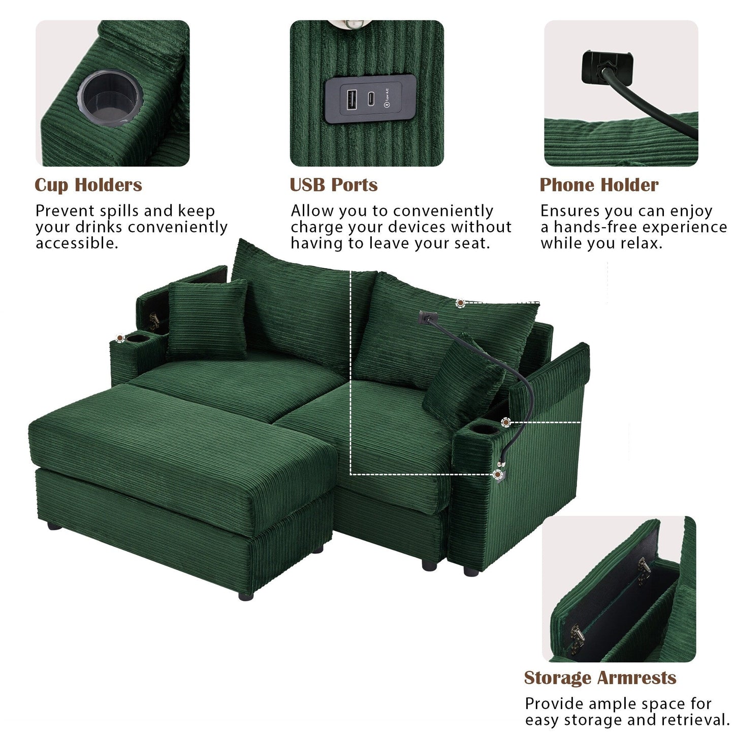 Canapé causeuse en velours côtelé vert moderne 72,8 avec pouf amovible, accoudoirs de rangement, support pour téléphone et deux ports USB