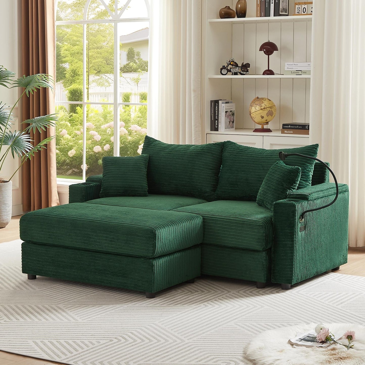 Canapé causeuse en velours côtelé vert moderne 72,8 avec pouf amovible, accoudoirs de rangement, support pour téléphone et deux ports USB