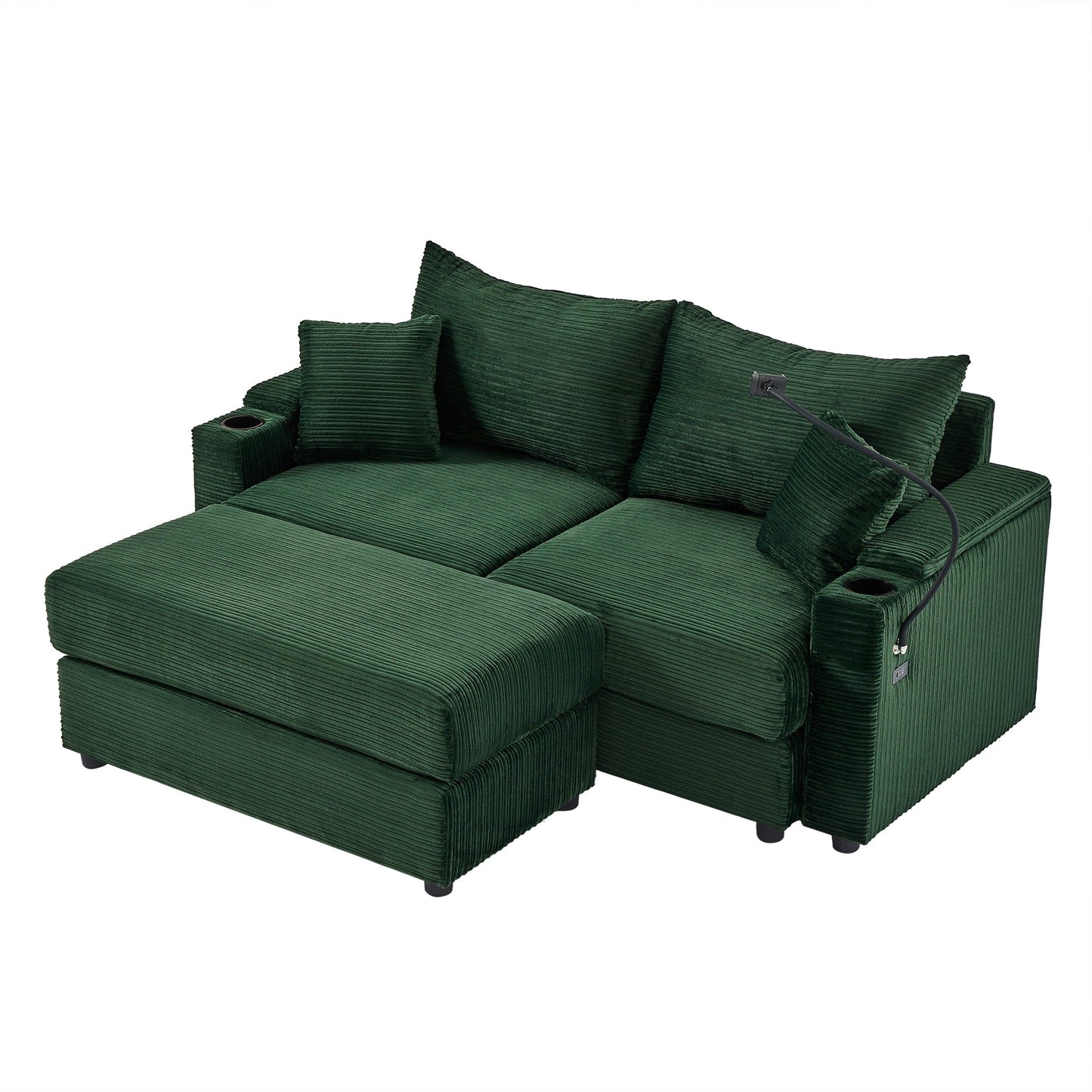 Canapé causeuse en velours côtelé vert moderne 72,8 avec pouf amovible, accoudoirs de rangement, support pour téléphone et deux ports USB